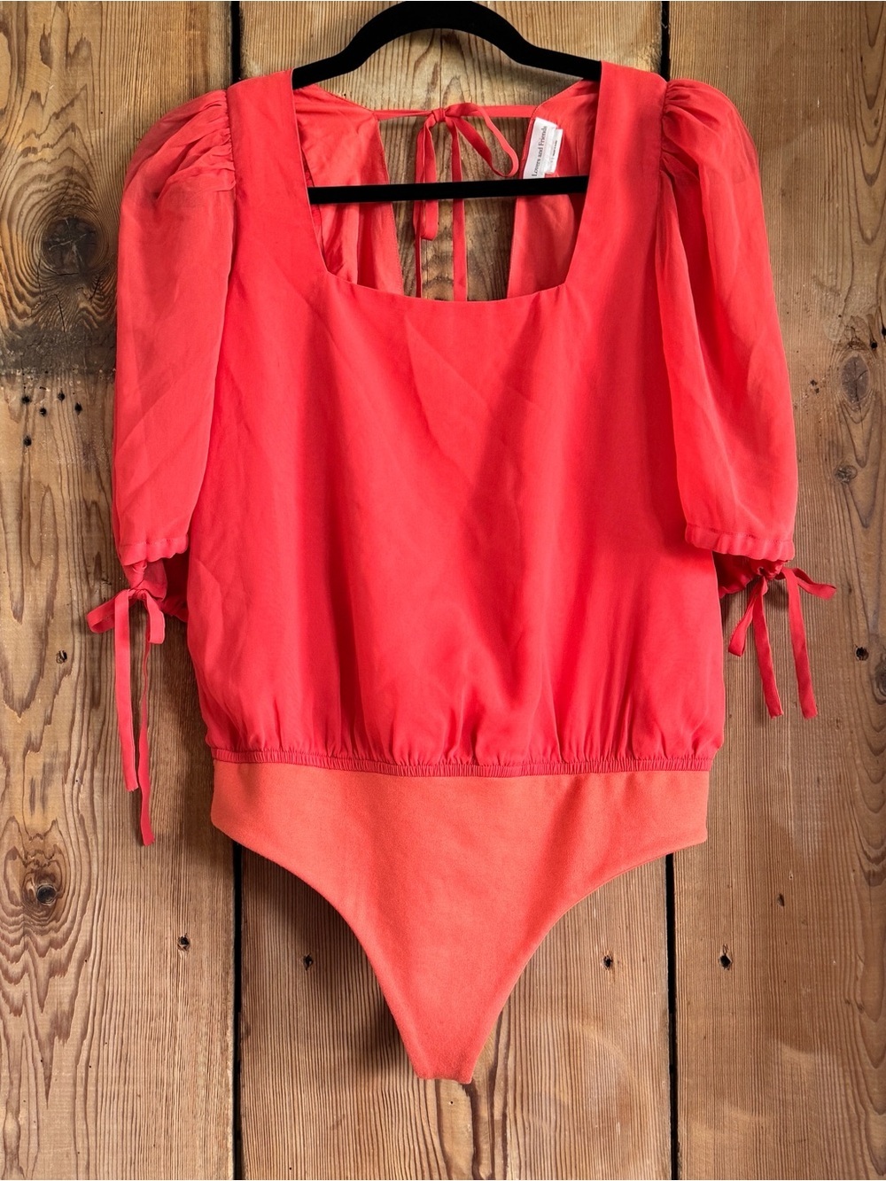 Sz S Lovers + Friends Coral Red Stardust Balloon Sleeve Tie-Back Bodysuit NWOT